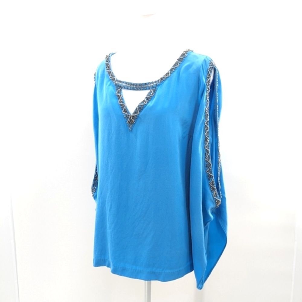 Madison Marcus 100% Silk Teal Blue Embellished Cold Shoulder Blouse Size Large